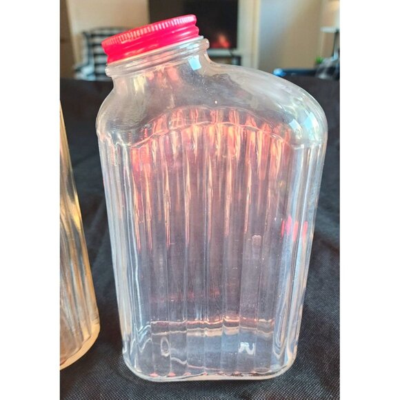 2 Milk Water Antique Vintage Ribbed Glass Bottles With Red Caps Anchor Hocking - Picture 4 of 13
